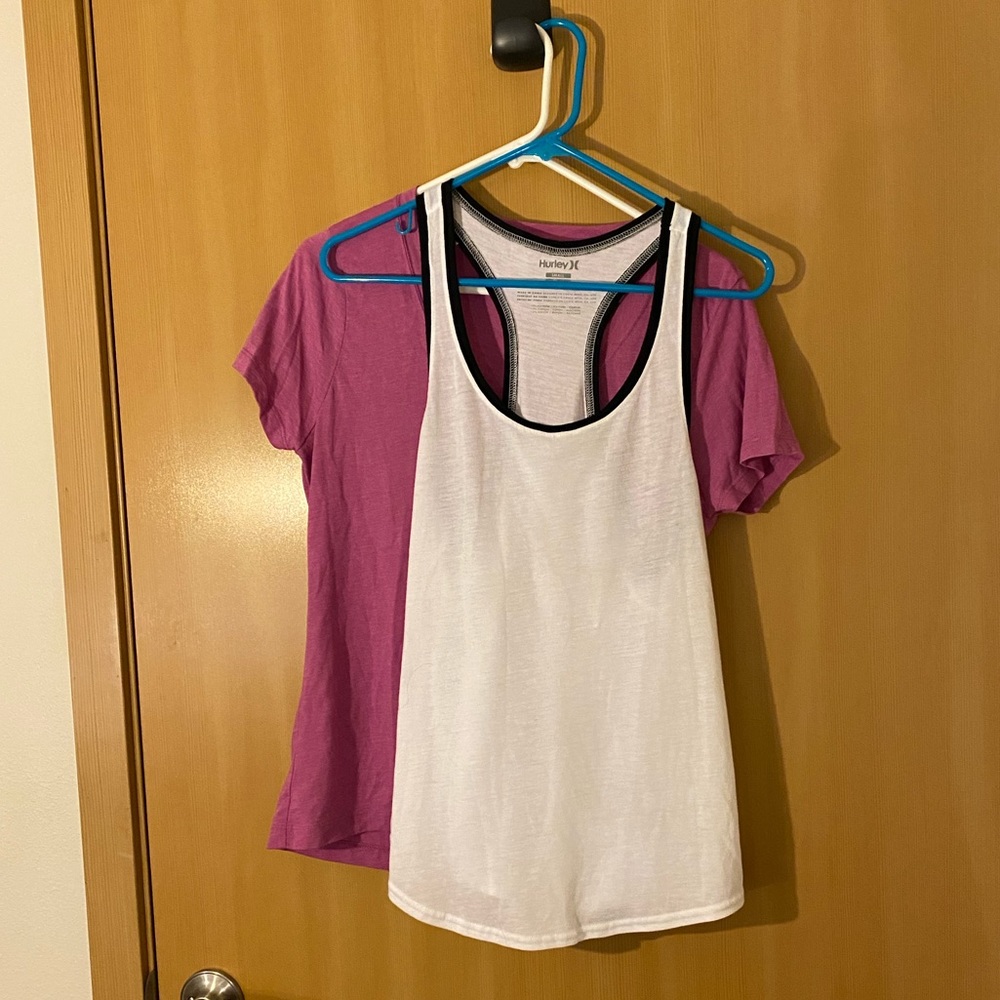 2 Hurley tops - pink tshirt and white tank size small